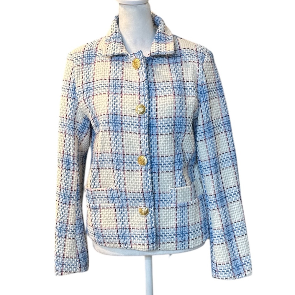 Senes Made in Italy Tweed Plaid Blazer Jacket Blue & Cream Gold Button Medium
